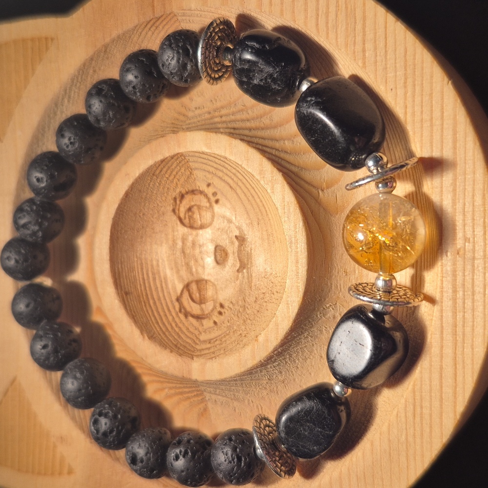 Artisan Crafted Snowflake Citrine with Obsidian and lava beads